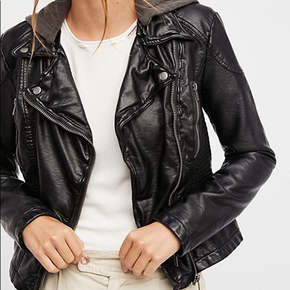 NWT Free People Vegan Leather Hooded Jacket Black